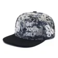 Detailed view of a camouflage snapback cap with "BE YOUR SELF" 3D embroidery. - Adjustable / Blue Grey Digital Camouflage Style (8)