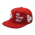 Close-up of red snapback hat with 3D embroidered BE YOUR SELF text - Adjustable / Solid Red Style (7)