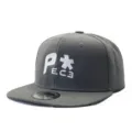 Close-up detail of the grey flat brim baseball cap showing front white embroidery and brim sticker. - Adjustable / Gray