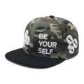 Macro view of camouflage baseball cap featuring white BE YOUR SELF 3D embroidery - Adjustable / Camouflage Black Style (1)