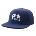 Navy blue flat brim baseball cap featuring detailed white embroidery on the front panel. - Adjustable / Dark Blue