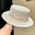White hollow flat top straw hat with letter ribbon, perfect for summer beach vacation and daily sun protection. - Adjustable / White