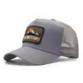 Grey mesh trucker hat with mountain embroidery patch, breathable baseball cap for outdoor sports. - Gray Patchwork