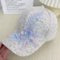 Gorra de béisbol con bordado floral de encaje estilo coreano para mujer con abalorios. - Beige Flor Grande