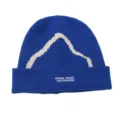 Close-up of blue snow mountain knit beanie with outdoors embroidery detail - One Size / Sapphire Blue