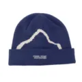 Close-up detail of blue knit beanie with white mountain pattern and outdoors text - One Size / Navy Blue