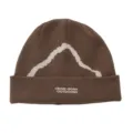Brown knit beanie featuring a white snow mountain pattern for winter outdoor sports - One Size / Khaki