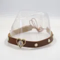 Retro brown hat band accessory with crystal heart and pearl studs for DIY hat decoration. - Brown Faux Leather Band With Heart Rhinestone Flower And Artificial Pearl Rivets