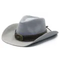 Light grey denim western cowboy hat detail showcasing the stylish metal bull skull buckle and studs. - Adjustable / Light Gray (Style 3)