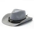 Grey denim western cowboy hat detail, vintage jazz cap with brown leather band and skull. - Adjustable / Gray (Style 2)