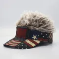 Novelty US flag visor cap with faux hair attached, funny outdoor street style baseball hat. - Adjustable / US Flag Grey White Hair