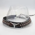 Handmade DIY vintage western cowboy hat band with metal bull head and rivets for hat decor. - Black Brown Patchwork Faux Leather Band With Metal Rivets And 3D Silver Bull Head