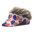 Funny USA flag heart pattern sun visor hat with short curly fake hair, perfect for party. - Adjustable / Style 1