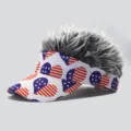 Novelty sun visor hat with grey hair and American flag heart pattern for parties. - Adjustable / Style 2