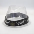 Retro bull head embroidered hat band with metal studs, vintage style hat accessory details. - Black Decorative Band With White Bull Head Embroidery And Metal Badge
