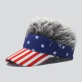 Funny US flag sun visor with grey hair wig, novelty patriotic outdoor baseball hat for party. - Adjustable / Style 11