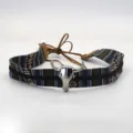 Ethnic Woven Hat Band with Silver Bull Skull Pendant Retro Boho Fedora Hat Decorative Strap - Colorful Geometric Woven Band With Metal Bull Head Pendant Leather Straps