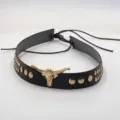 Retro bull head leather cord accessory for hat and DIY crafts, vintage style unisex charm. - Black Faux Leather Slim Band With Gold 3D Bull Head And Round Rivets