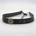 Retro Black Leather Hat Band Vintage Ethnic Style DIY Woven Decorative Hat Strap Accessory - Black Faux Leather Band With Bronze Flower Metal Button And Cross Stitching