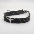 Retro leather belt with silver bull head ornament and bronze studs, ethnic style hat accessory. - Dark Brown Faux Leather Band With Silver 3D Bull Head And Bronze Rivets
