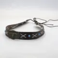 Vintage ethnic style hat band leather rope belt accessory with bull head and turquoise stones. - Brown Faux Leather Band With Retro Bull Head Buckle Blue Turquoise White Stitching