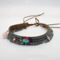 Ethnic woven bohemian hat band with colorful beads turquoise stone and grey fringe for retro style. - Bohemian Hand Woven Band With Wood Beads Artificial Turquoise And Pink Gray Tassels