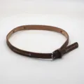 Brown leather thin belt with metal rivets and white stitching, retro style accessory for pants. - Slim Brown Faux Leather Band With Metal Rivets White Stitching And D Ring Buckle