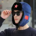 Winter corduroy ushanka hat with earflaps, red star and flag embroidery, warm cold-weather gear. - One Size / Navy Blue [Star]