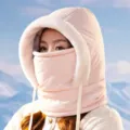 Winter thermal hooded face mask hat, integrated windproof neck gaiter, plush padded warm beanie. - One Size / Light Pink