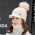 Winter warm knitted hat with visor and pompom, plush lined thick cozy cap detail view. - One Size / Off-White Style (Hat and Scarf)