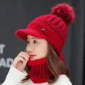Red winter knitted hat and scarf set with pom pom and visor for women, warm and windproof. - One Size / Red Style (Hat and Scarf)