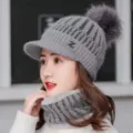 Winter warm women fleece lined knitted hat scarf set grey pom pom visor beanie cap stylish. - One Size / Gray Style (Hat and Scarf)
