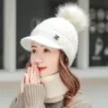 Detailed shot of women's winter thick knit hat with visor, fluffy pom pom, and stylish Z logo. - One Size / Beige Style (Hat and Scarf)