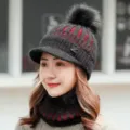 Womens fleece lined winter knit hat with visor and pom pom warm ski beanie cap - One Size / Beige Style (Hat and Scarf)