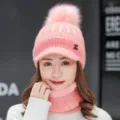 Pink winter knitted beanie hat with pom pom visor and neck warmer detail shot for women - One Size / Pink Style (Hat and Scarf)
