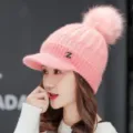 Women's winter thick fleece-lined knitted hat with visor furry pom-pom and stylish Z letter design. - One Size / Pink Single Hat