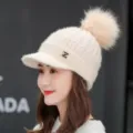 Women winter thick knitted beanie hat with plush pom pom brim and stylish metal letter decor - One Size / Off-White Single Hat