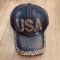 Denim honkbalpet met strass USA letters en bezette rand, casual zonnekap voor de zomer. - Verstelbaar / Dunkelblauw Strass USA Letters Stijl (12)