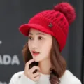 Women winter warm knitted hat with visor and pompom, thick fleece lined beanie cap detail. - One Size / Red Single Hat