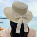 Women straw sun hat with bow tie, wide brim beach hat for summer outdoor travel vacation. - M (56-58cm) / Cream White with White Band
