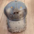 Denim honkbalpet met strass schedel en schitterende rand voor casual zomerse modekleding - Verstelbaar / Dunkelblauw Gewassen Strass Doodskop Stijl (11)