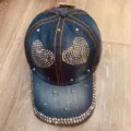 Detailed view of the trendy denim baseball cap with sparkling rhinestone heart decorations. - Adjustable / Dark Blue Double Heart Rhinestone Rivet Style (03)