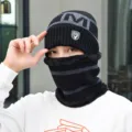 Detailed view of warm winter knit hat and neck warmer set in black and grey for men. - Hat + Neck Warmer Set / Black