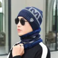 Herren Winter warm gestrickte Mütze und Schal Set dicker Fleece gefüttert kältesicher - Marineblau