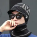 Men winter knitted hat scarf set detail close up, warm thick fleece lined black beanie - Hat And Scarf Set / Black