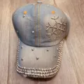 Denim honkbalpet met strass ster sneeuwvlok en studs, casual gebogen klep zonnehoed zomer. - Verstelbaar / Lichtblauw Strass Sneeuwvlok Klinknagel Stijl (05)