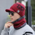 Men's winter knitted warm hat and scarf set, thickened fleece-lined casual brimmed cap. - Hat And Scarf Set / Red