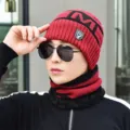 Men winter knitted beanie and neck warmer set, thick fleece lined warm red black hat. - Hat + Neck Warmer Set / Red