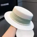 Chapeau de paille blanc élégant avec ruban vert et perles pour femme protection solaire - Blanc 4