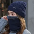 Winter warme gefuetterte Muetze und Schal Set fuer Damen dicke thermische Strickmuetze - 55-60cm / Marineblau